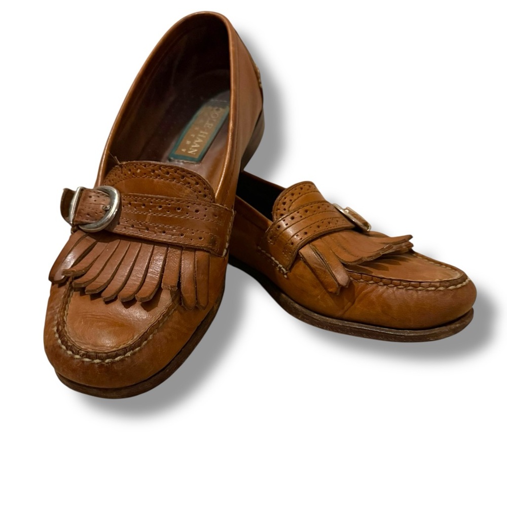 Vintage Cole Haan Country Tab Brown Leather Loafers with Fringe & Buckle